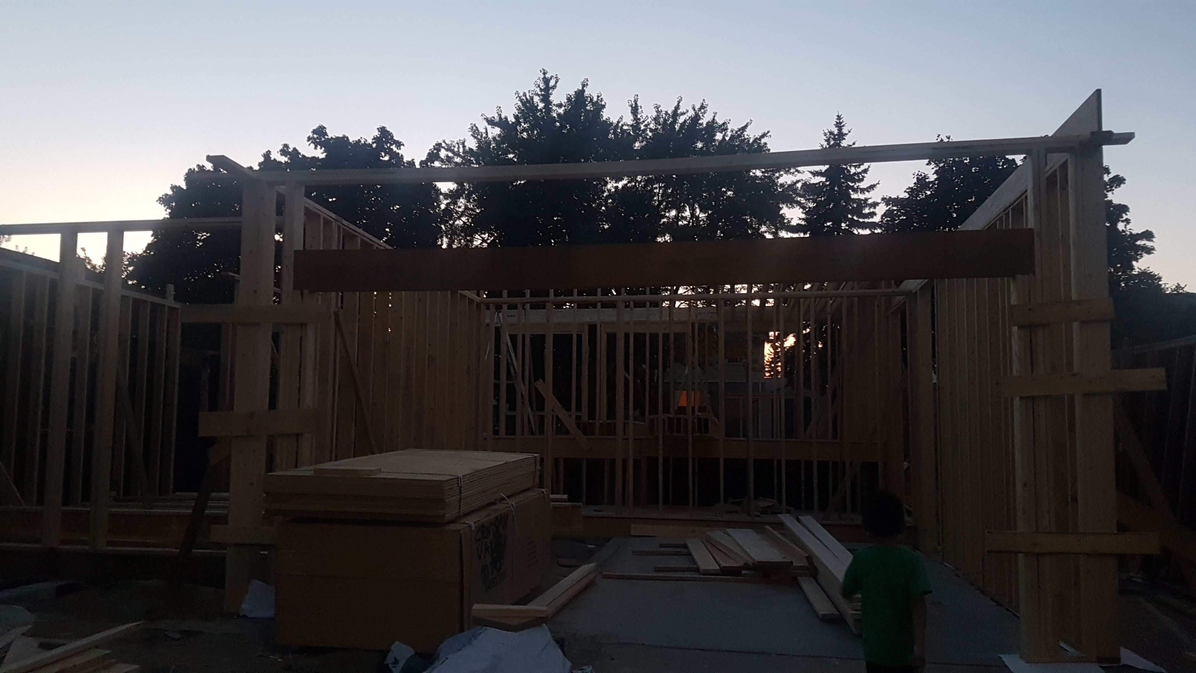 First-floor wall framing at dusk