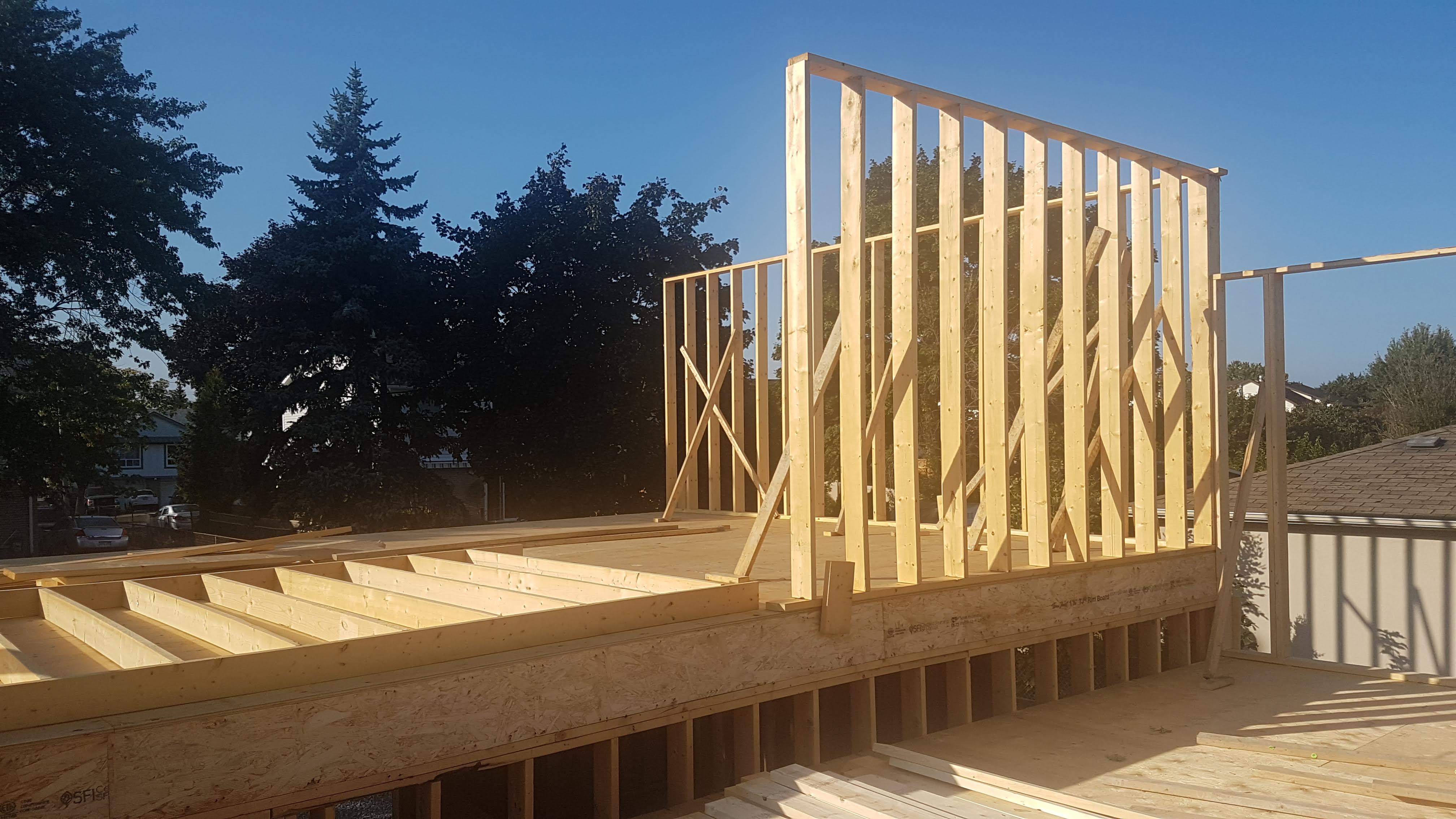 Upper floor deck and wall framing